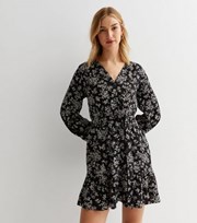 New Look Black Ditsy Floral Frill Long Sleeve Mini Shirt Dress